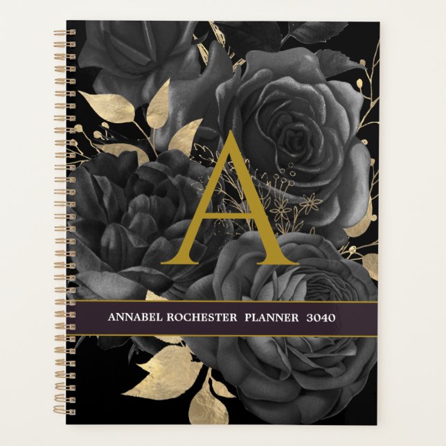Elegant Black and gold roses Monnogrammed  Planner (Front)