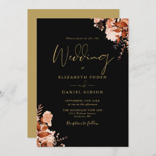 Elegant Black And Gold Rustic Floral Wedding Invitation