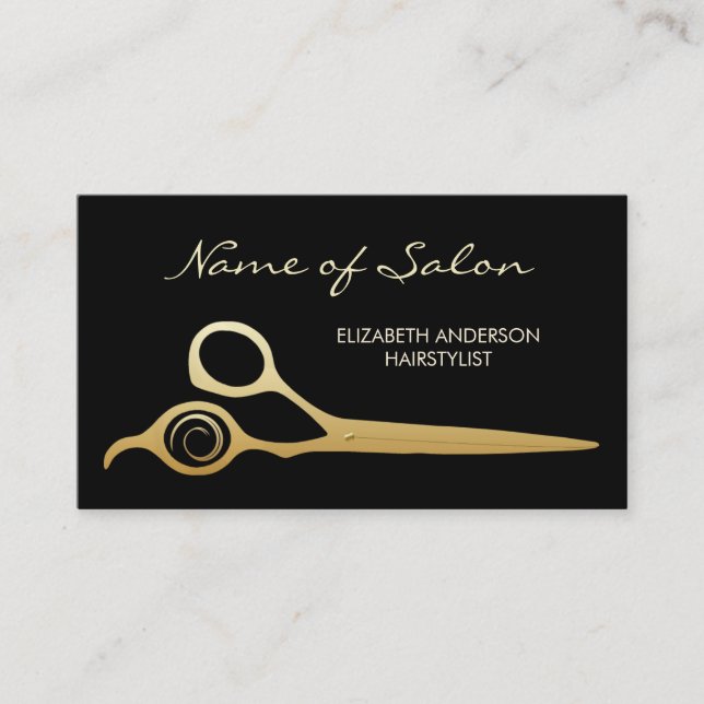 Elegant Black and Gold Salon Hairstylist Scissors Business Card (Front)