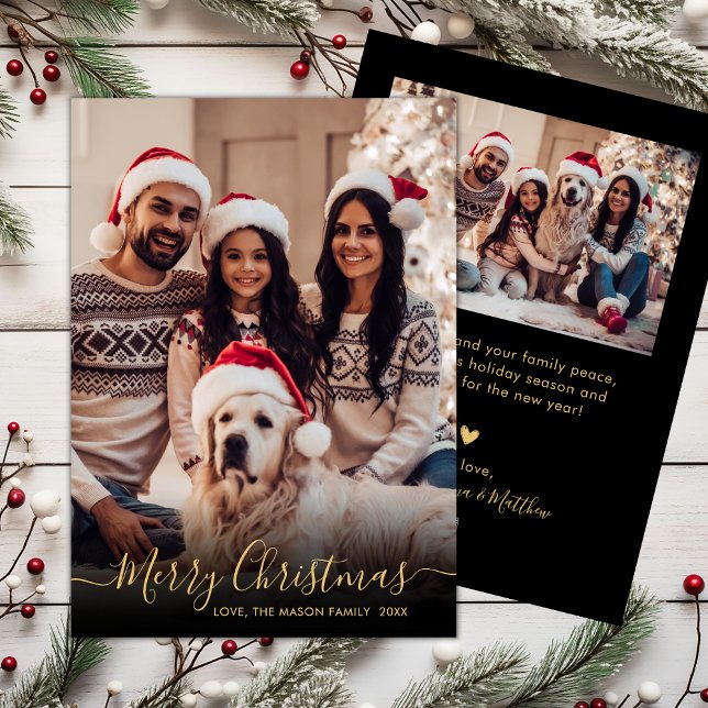 Elegant Black and Gold Script 2 Photo Christmas  Holiday Card (Creator Uploaded)