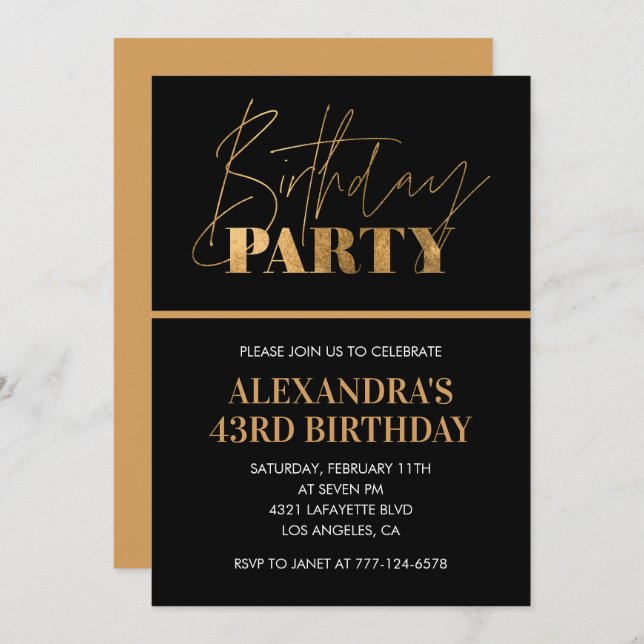 Elegant Black and Gold Script 43rd birthday party Invitation (Front/Back)