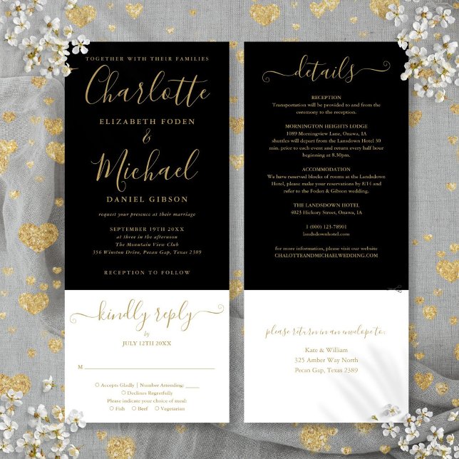 Elegant Black And Gold Script All In One Wedding Invitation (Elegant Black And Gold Script All In One Wedding Invitation)