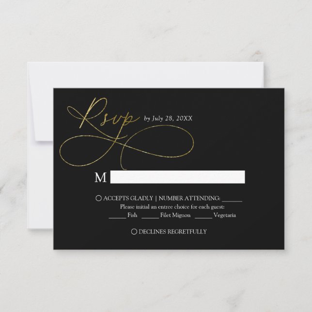 Elegant Black and Gold Script Calligraphy Wedding RSVP Card (Front)
