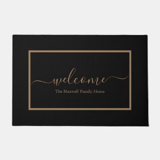 Elegant black and gold script family name welcome  doormat