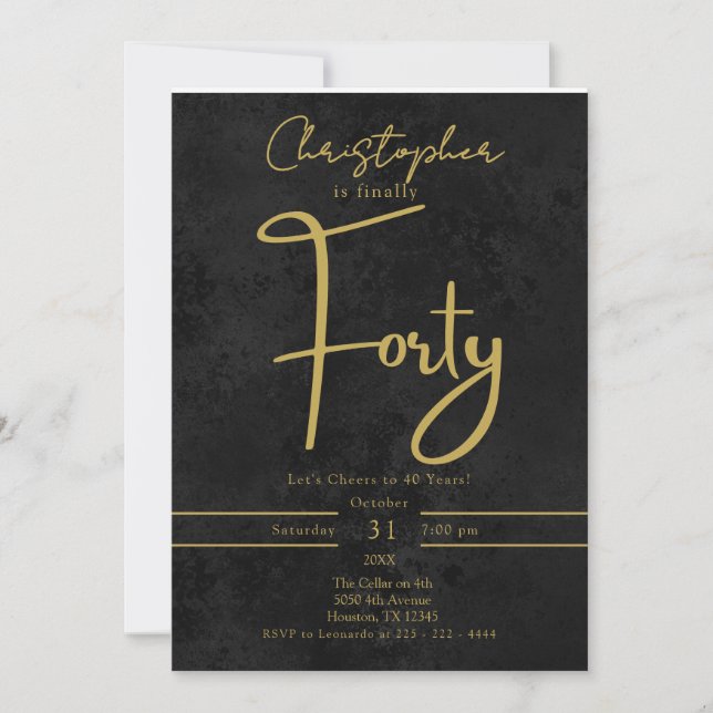 Elegant Black and Gold Script Fortieth Birthday  Invitation (Front)