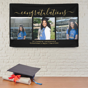 Elegant Black and Gold Script Graduation Photo Banner