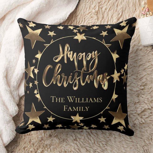 Elegant Black and Gold Script Happy Christmas Cushion (Blanket)