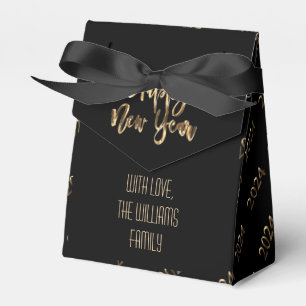 Elegant Black and Gold Script Happy New Year 2024 Favour Box