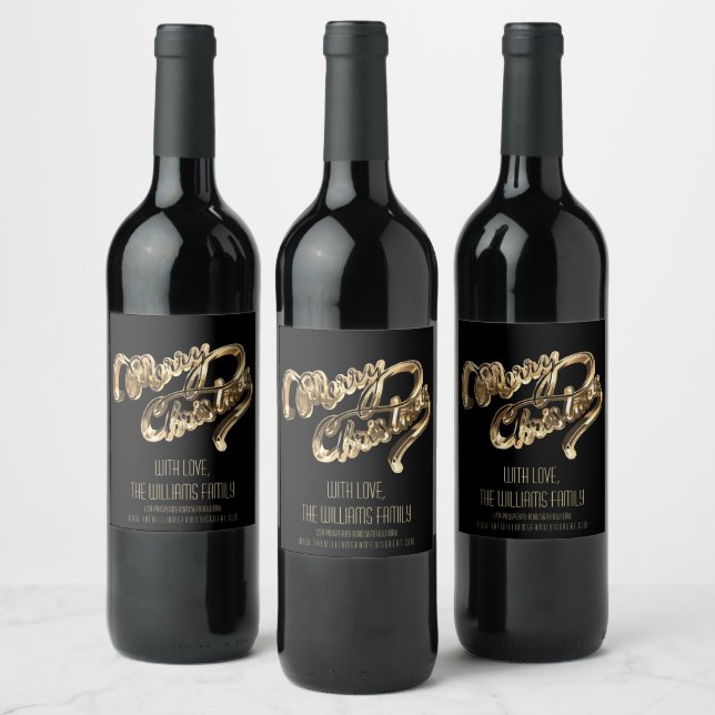 Elegant Black and Gold Script Merry Christmas Wine Label (Bottles)