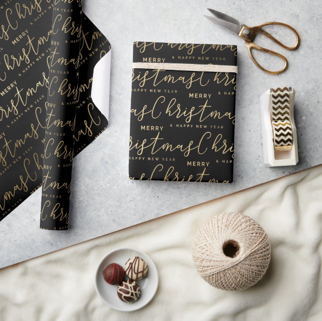 Elegant Black and Gold Script Merry Christmas Wrapping Paper (Crafts)