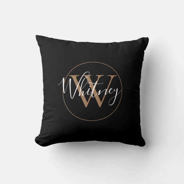 Elegant Black and Gold Script Monogram Name  Cushion (Front)