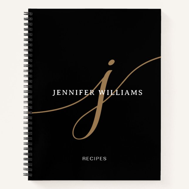 Elegant Black and Gold Script Monogram Recipe Notebook (Front)
