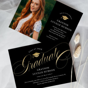 Elegant Black and Gold Script Photo Graduation Invitation