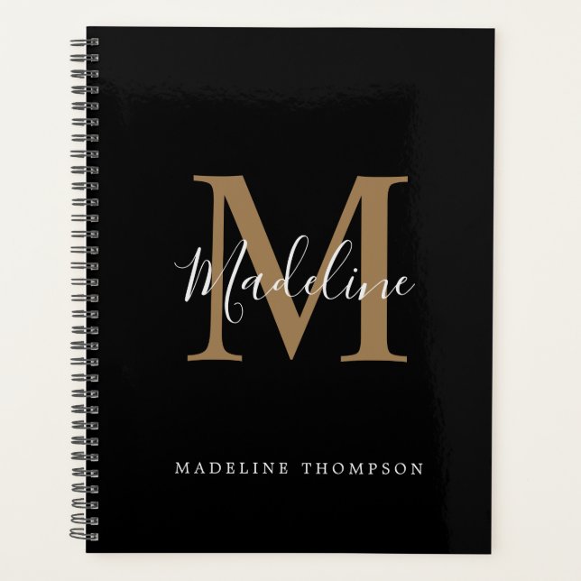 Elegant Black and Gold Script Simple Monogram Planner (Front)