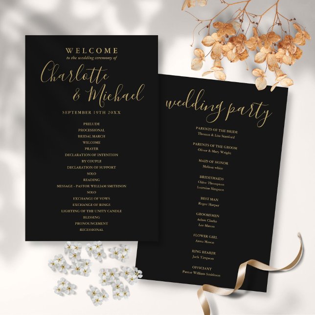 Elegant Black And Gold Script Wedding Program (Elegant Black And Gold Script Wedding Program)