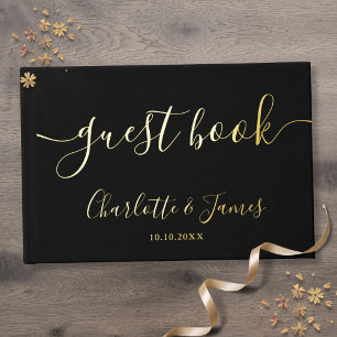 Elegant Black And Gold Signature Script Wedding Guest Book