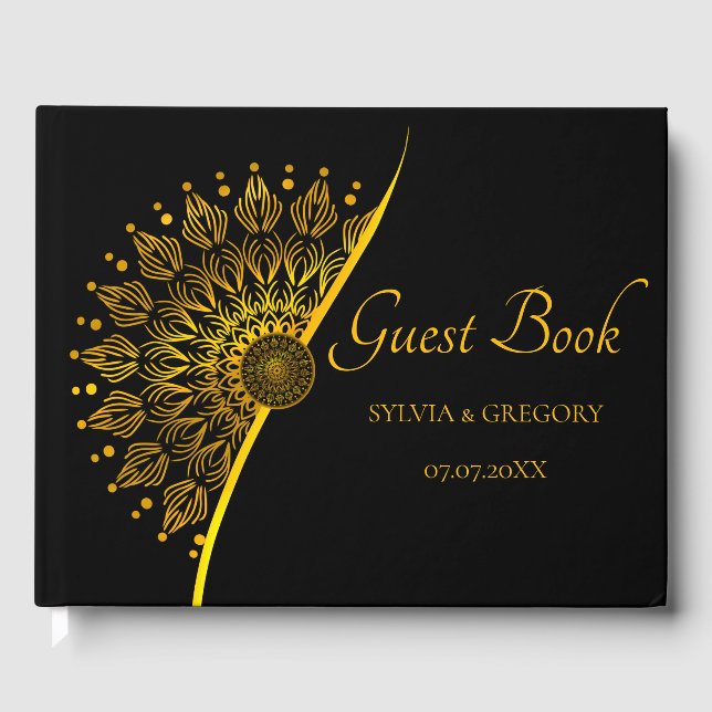 Elegant black and gold simple classic wedding guest book (Front)