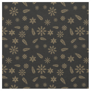 Elegant Black and Gold Snowflakes and Leaves Fabric