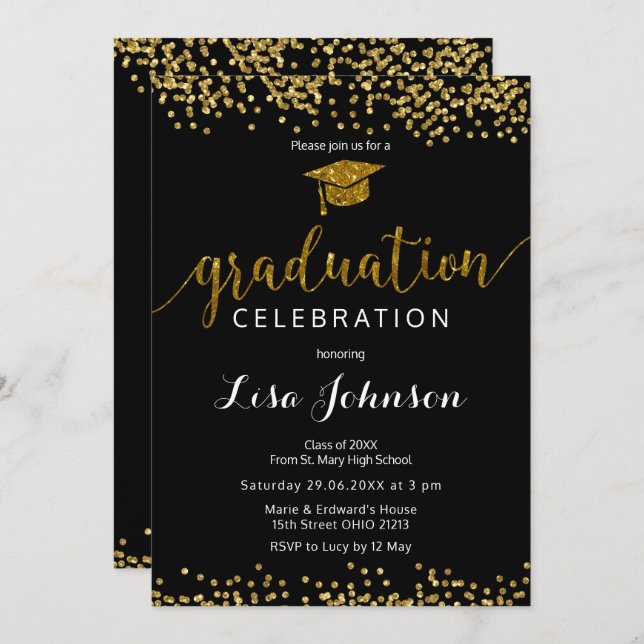 Elegant Black and Gold Sparkle Glitter Graduation Invitation (Front/Back)
