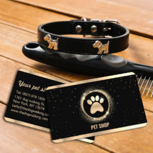 Elegant Black and Gold Sparkle Pet Groomer Business Card