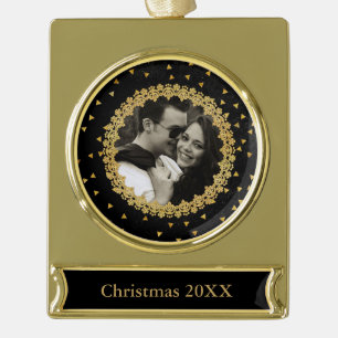 Elegant Black and Gold Sparkles Custom Photo Gold Plated Banner Ornament