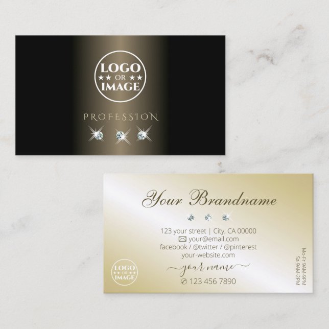 Elegant Black and Gold Sparkling Diamonds Add Logo Business Card (Front/Back)