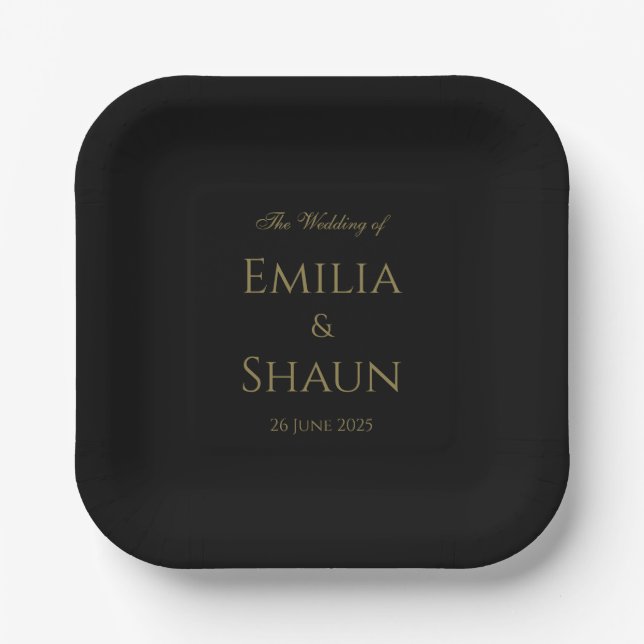 Elegant Black and Gold Square Paper Plate (Front)