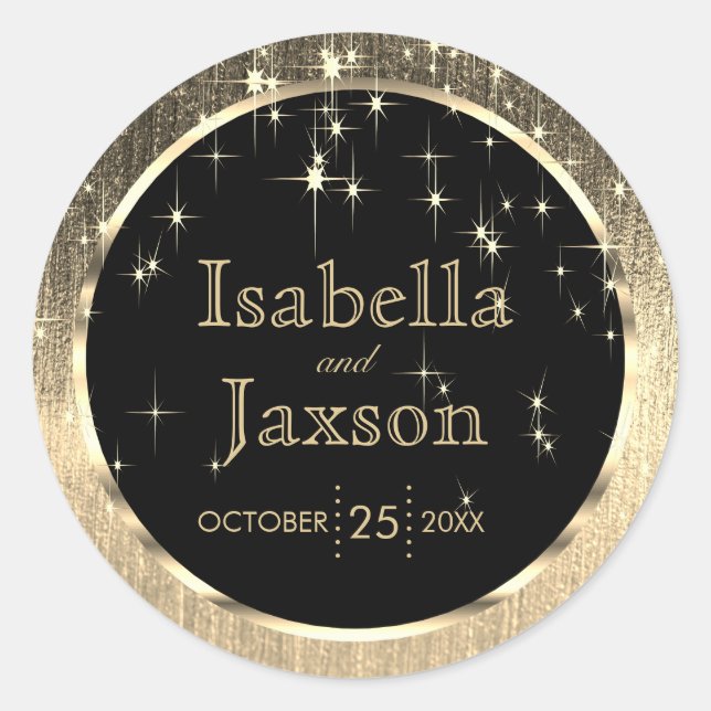 Elegant Black and Gold Starlights Wedding Classic Round Sticker (Front)
