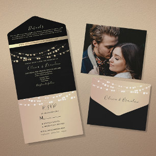 Elegant Black and Gold String Lights Wedding All In One Invitation