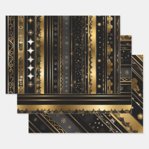 Elegant Black And Gold Striped Collection Wrapping Paper Sheet