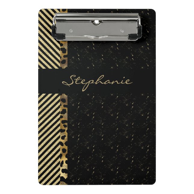 Elegant black and gold striped leopard mini clipboard (Front)