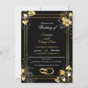 Elegant black and gold summer wedding invitation