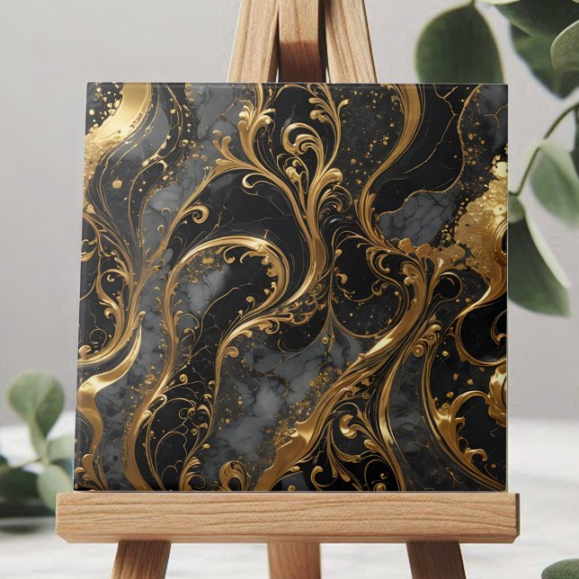 Elegant Black and Gold Swirls with Marble Accents Tile (Creator Uploaded)