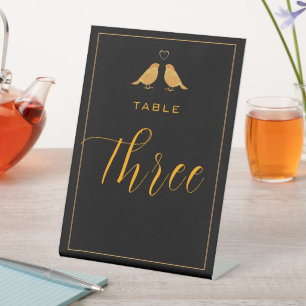 Elegant Black and Gold Table Number Three Pedestal Sign