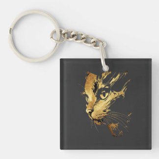 Elegant Black and Gold Textured Cat Graphic Key Ring