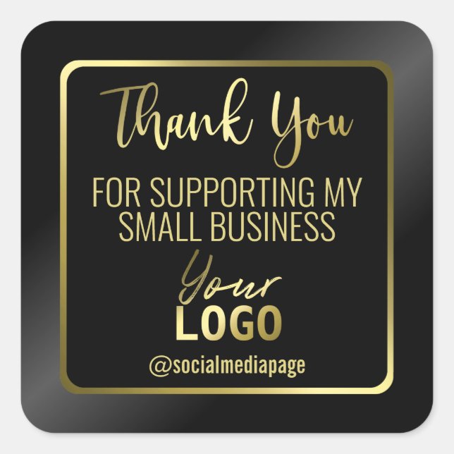 Elegant Black And Gold Thank You Business Logo Square Sticker (Front)