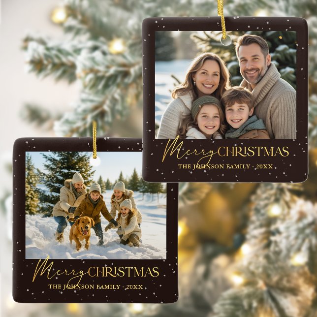 Elegant Black and Gold Typography Christmas Photo Ceramic Ornament (Elegant black Merry Christmas ornament with double sided photos - create your own unique memento! )