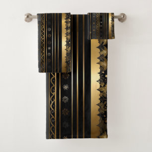 Elegant Black And Gold Vertical Striped Bath Towel Set