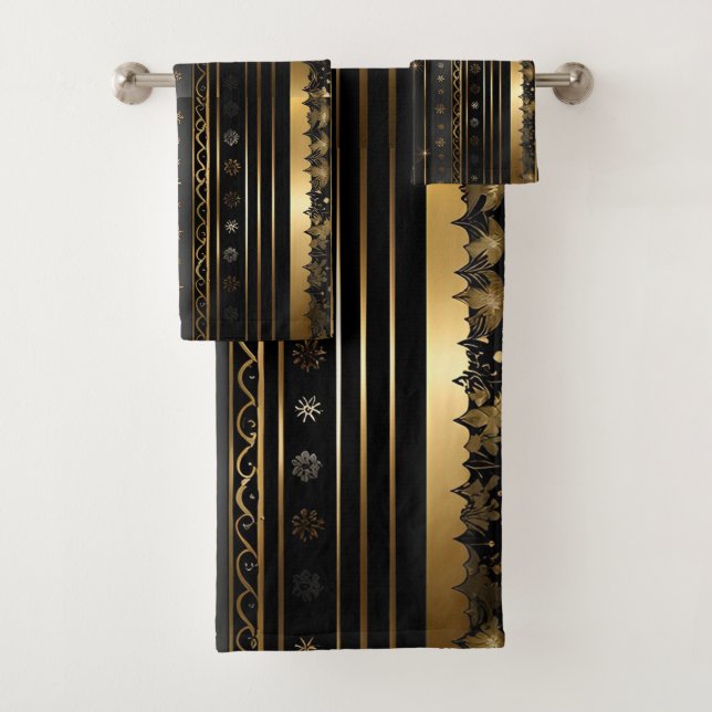 Elegant Black And Gold Vertical Striped Bath Towel Set (Insitu)