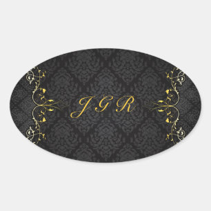 Elegant Black And Gold Vintage Gold Lace Frame 3 Oval Sticker