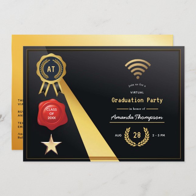 Elegant Black and Gold Virtual Graduation Party Invitation (Front/Back)