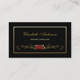 Elegant Black and Gold Wedding Consultant Red Rose Business Card