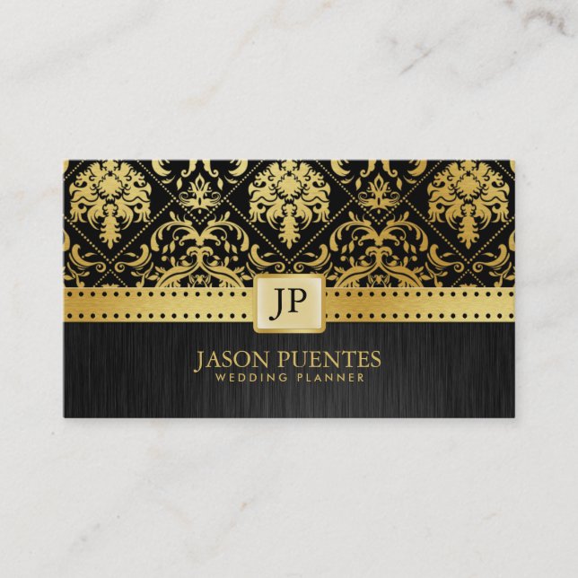 Elegant Black and Gold Wedding Planner Business Card (Front)