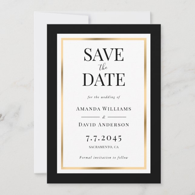 Elegant Black and Gold Wedding Save The Date Cards (Front)