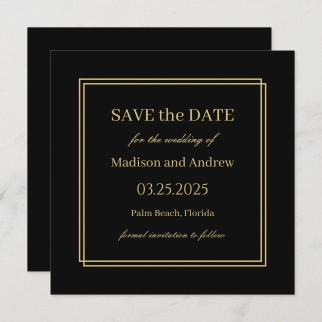 Elegant Black and Gold Wedding Save the Date Invit Invitation (Front/Back)