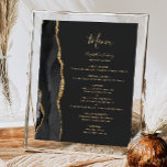 Elegant Black and Gold Wedding Table Menu Poster<br><div class="desc">The left-hand edge of this elegant modern wedding menu sign features a black watercolor agate border trimmed with faux gold glitter. The word "Menu" appears in gold-coloured handwriting script on a slate black background. Personalise the remaining text with the names of the couple, the wedding date, and the menu details....</div>