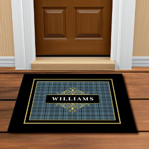 Elegant Black and Gold Windowpane Check Monogram D Doormat