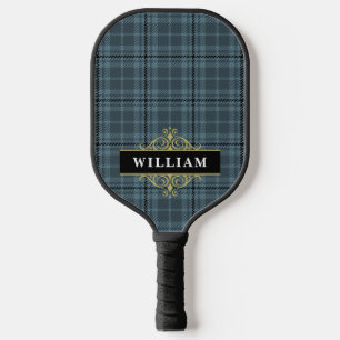 Elegant Black and Gold Windowpane Check Monogram Pickleball Paddle