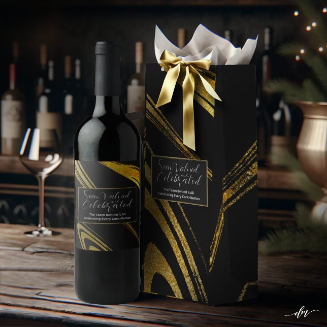 Elegant Black and Gold  Wine Label (Elegant black and gold marble wine label with coordinating gift bag.)