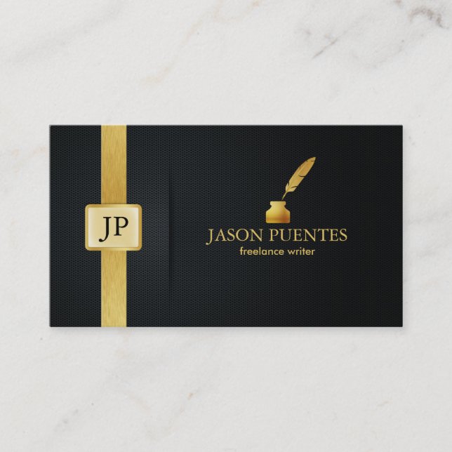 Elegant Black and Gold Writer's Business Card (Front)
